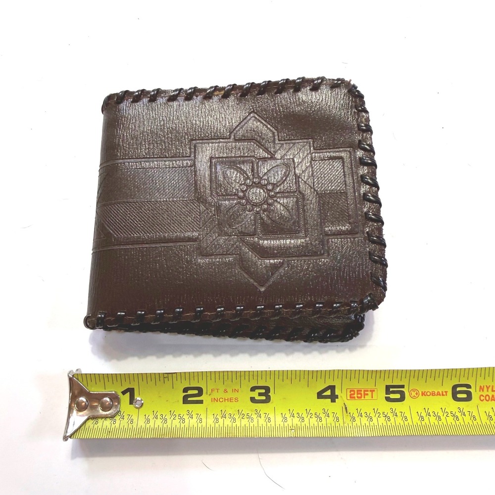 Vintage Dark Brown Top Grain Cowhide Leather Bifold Wallet Whipstitch Embossed